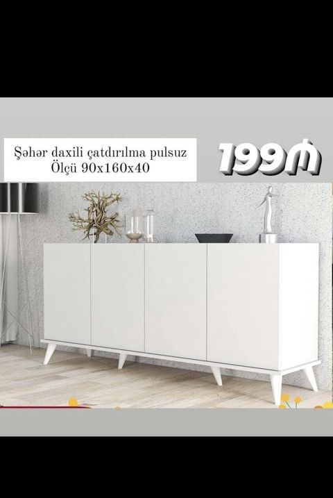 Ağ rəngli minimal dizaynlı komod (4 qapılı) - Ölçü: 90x160x40 sm — Bakı