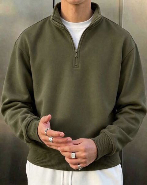 S;m;l;xl Kişi sweatshirt – zeytun-yaşıl rəngdə, yarım-fermuarlı — Bakı