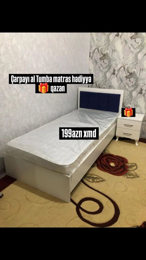 Tək nəfərlik çarpayı dəsti - Rəng: ağ gövdə, başlıqda tünd mavi — Bakı