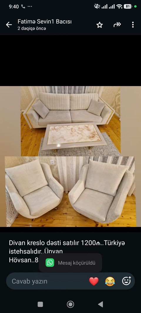 Divan kreslo dəsti satılır 1200₼. Türkiyə istehsalıdır. Ünvan — Bakı