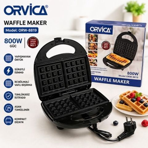 Orvıca Waffle Maker – Model: ORW-8819 - Güc: 800W - İki bölməli vafli — Bakı