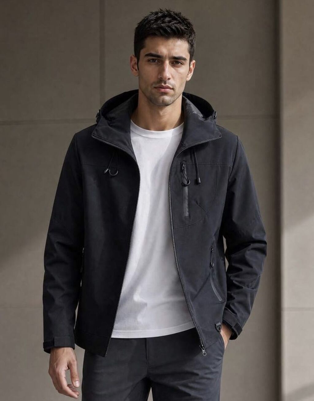 Kişi üçün qara rəngli kapüşonlu yüngül jaket - Minimalist dizayn — Kurtkalar, Bakı (2)