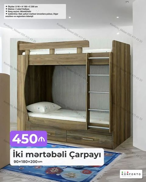 İki mərtəbəli çarpayı – 90×180×200 sm - Ölçülər: D 90 H 180 E 200 — Bakı