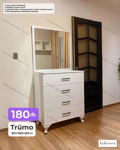Trumo dəsti – 40×180×80 sm - 4 çekmecəli komod və geniş güzgüdən — Bakı