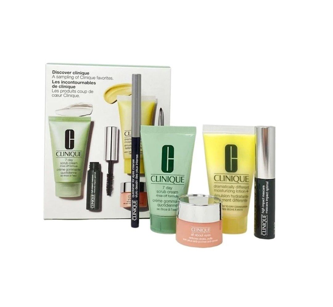 Qulluq dəsti Clinique Discover Les Incontournables (skrab 30 ml + losyon 30 ml + göz üçün krem 5 ml + tuş 3.5 ml + göz qələmi 0.14 q) — Mallar, Bakı