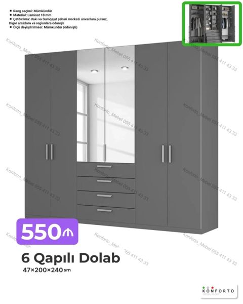 6 qapılı paltar dolabı – 47×200×240 sm - Material: 18 mm laminat — Bakı