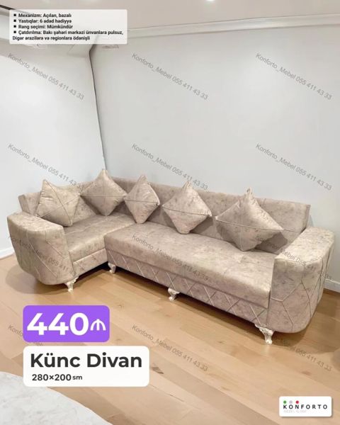 Künc divan – 280×200 sm Mexanizm: açılan, bazalı Yastıqlar: 6 — Bakı