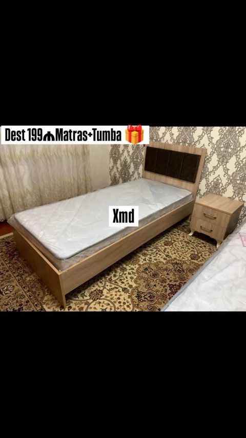 Dəst: tək nəfərlik çarpayı + matras + tumbə - Material: təbii ağac — Bakı