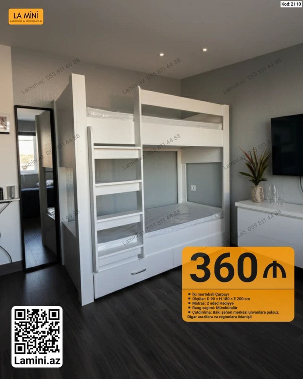 İki mərtəbəli çarpayı – La Mini (Kod: 2110) - Ölçülər: D 90 H 180 — Yataqlar, Bakı