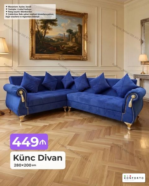 Künc divan – 280×200 sm Xüsusiyyətlər: - Açılan, bazalı mexanizm — Bakı