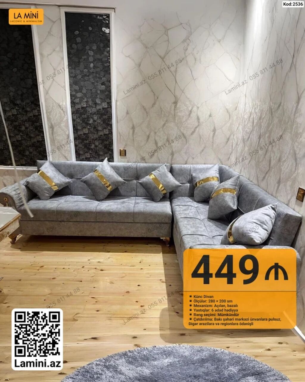 Künc divan – La Mini - Ölçülər: 280 200 sm - Mexanizm: açılan — Divanlər, Bakı