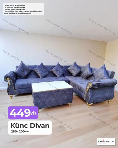 Künc Divan – 280×200 sm - Mexanizm: açılan, bazalı (yatan yer və iri — Bakı
