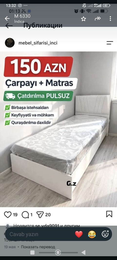 Çarpayı + matras dəsti - Qiymət: 150 AZN (şəkildə göstərilib) — Bakı