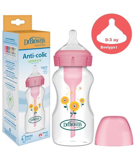 Köp və sancı əleyhinə Polipropilen 270 ml enliboğaz səviyyə 1 (0-3 ay) başlıqlı qızılgüllü çəhrayı butulka — Bakı
