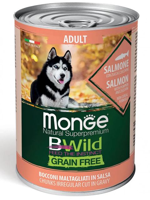 Nəm yem Monge Dog Wild Grain Free taxılsız, bütün cinsli yetkin itlər üçün, qızıl balıq, balqabaq və kabak ilə 400 q — Bakı