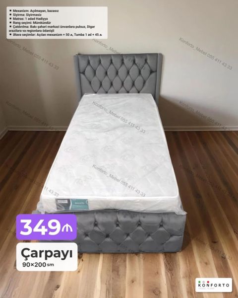 Çarpayı – 90×200 sm - Model: tək nəfərlik, yumşaq başlıqla - Material — Bakı