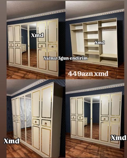 Klassik dizaynlı 4 qapılı qarderob - Rəng: krem, qızılı haşiyələr və — Bakı