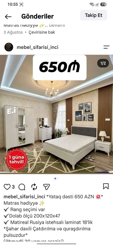 Yataq dəsti – 650 AZN Komplekt: - Çarpayı (başlıqla) - 2 tumba — Bakı