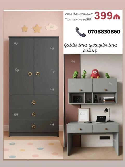 Uşaq/yeniyetmə otağı üçün dəst: - Geniş iki qapılı dolab: 3 alt — Sumqayıt