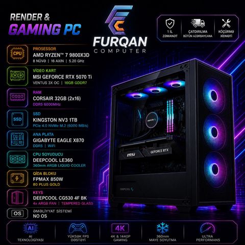 Render ve Gaming PC Ryzen 7 9800X3D 5.20 GHZ RTX 5070 Ti 16GB SSD 1TB NVMe M.2 RAM 32GB DDR5 — Bakı