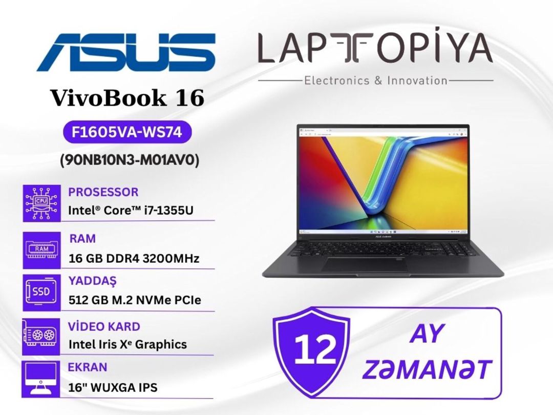 ASUS VivoBook 16 F1605VA-WS74 90NB10N3-M01AV0 — Noutbuklar, Bakı