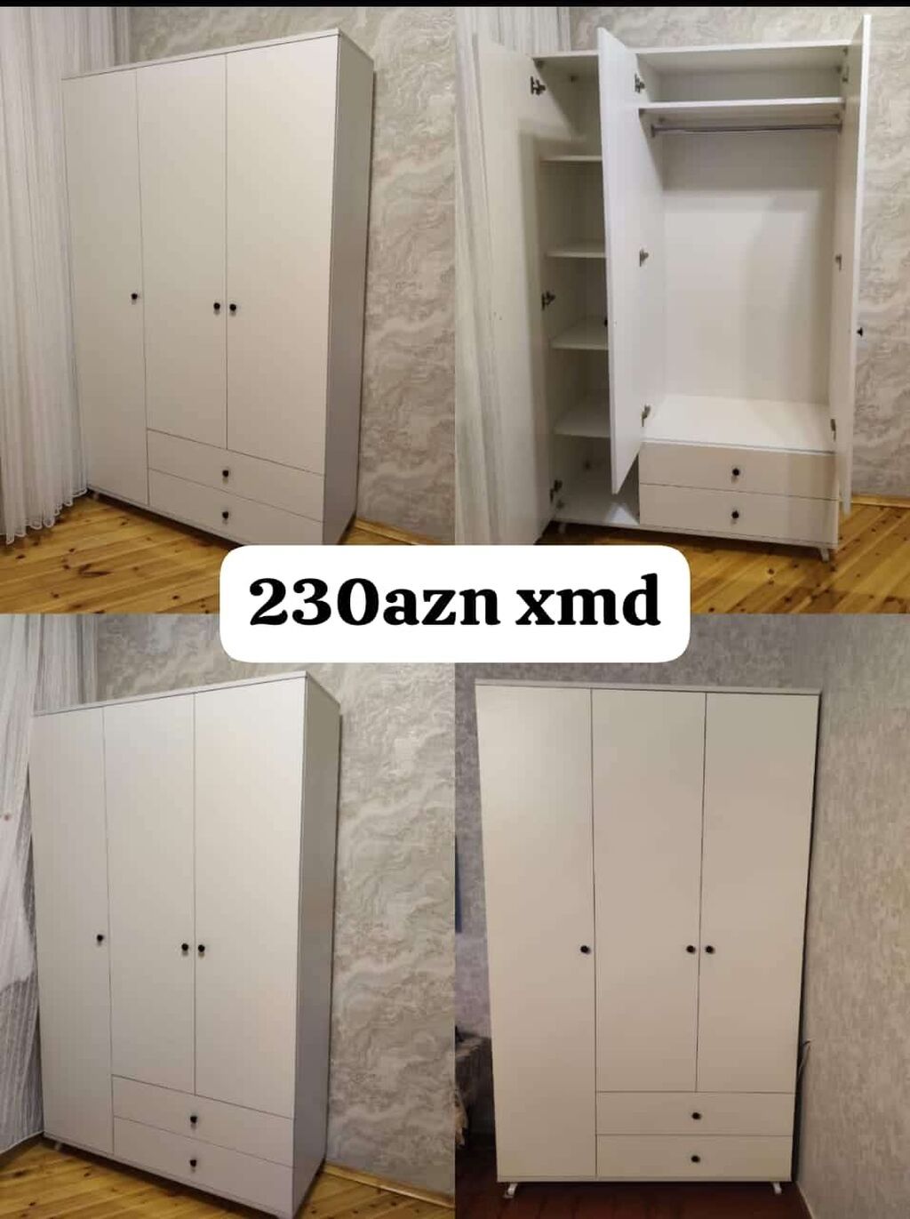 Ağ rəngdə 3 qapılı paltar dolabı. - Sadə və zərif dizayn, neytral ağ — Şkaflar, Bakı