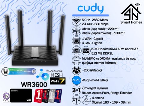 Cudy BE3600 Gigabit Wi-Fi 7 Router WR3600 — Bakı