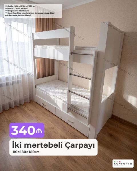 İki mərtəbəli çarpayı – 80×180×180 sm - Ölçülər: D 80 H 180 E 180 — Bakı