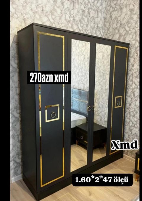 Qarderob şkafı – 4 qapılı, güzgülü model. - Rəng: qara, qızılı dekor — Bakı