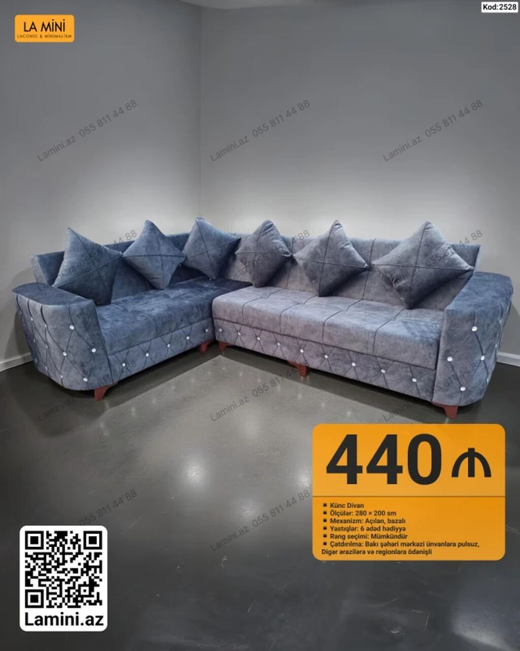 Künc divan – Kod: 2528 - Ölçülər: 280 200 sm - Mexanizm: Açılan — Divanlər, Bakı
