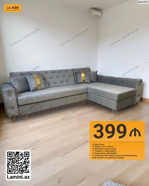 Künc divan – Kod: 4074 Ölçülər: 260 160 sm Mexanizm: açılan — Bakı
