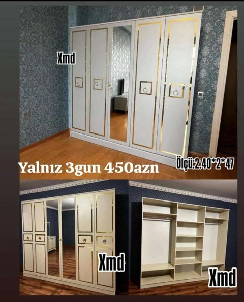 Məhsul: 5 qapılı paltar şkafı - Rəng: ağ krem tonunda, qızılı dekor — Bakı