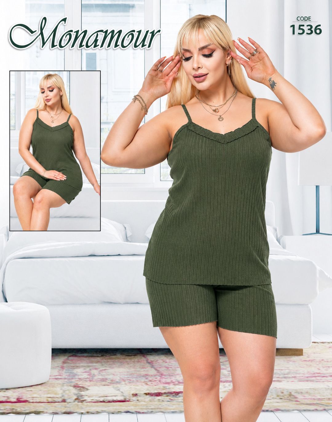 Qadınlar üçün şortlu pijama dəsti 2365970, yaşıl, pambıq, ölçü 4XL — Mallar, Bakı