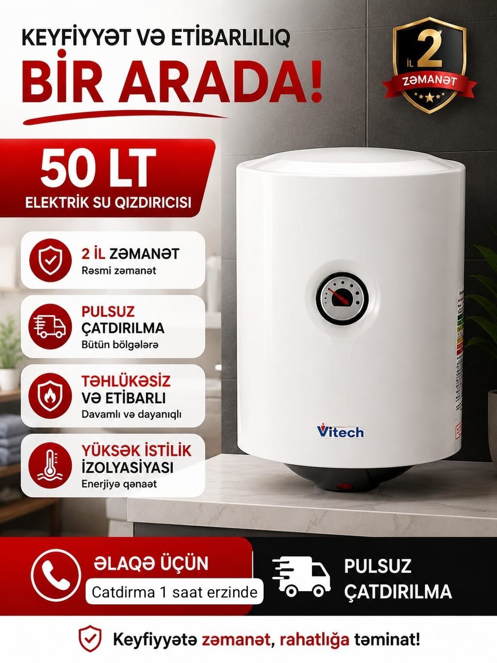 Ariston 50 l, Yeni, Kredit yoxdur, Pulsuz çatdırılma, Rayonlara çatdırılma — Su qızdırıcılar, Bakı