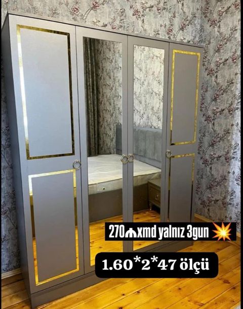 4 qapılı şkaf - Rəng: boz, qızılı haşiyələr - Orta hissədə 2 — Bakı
