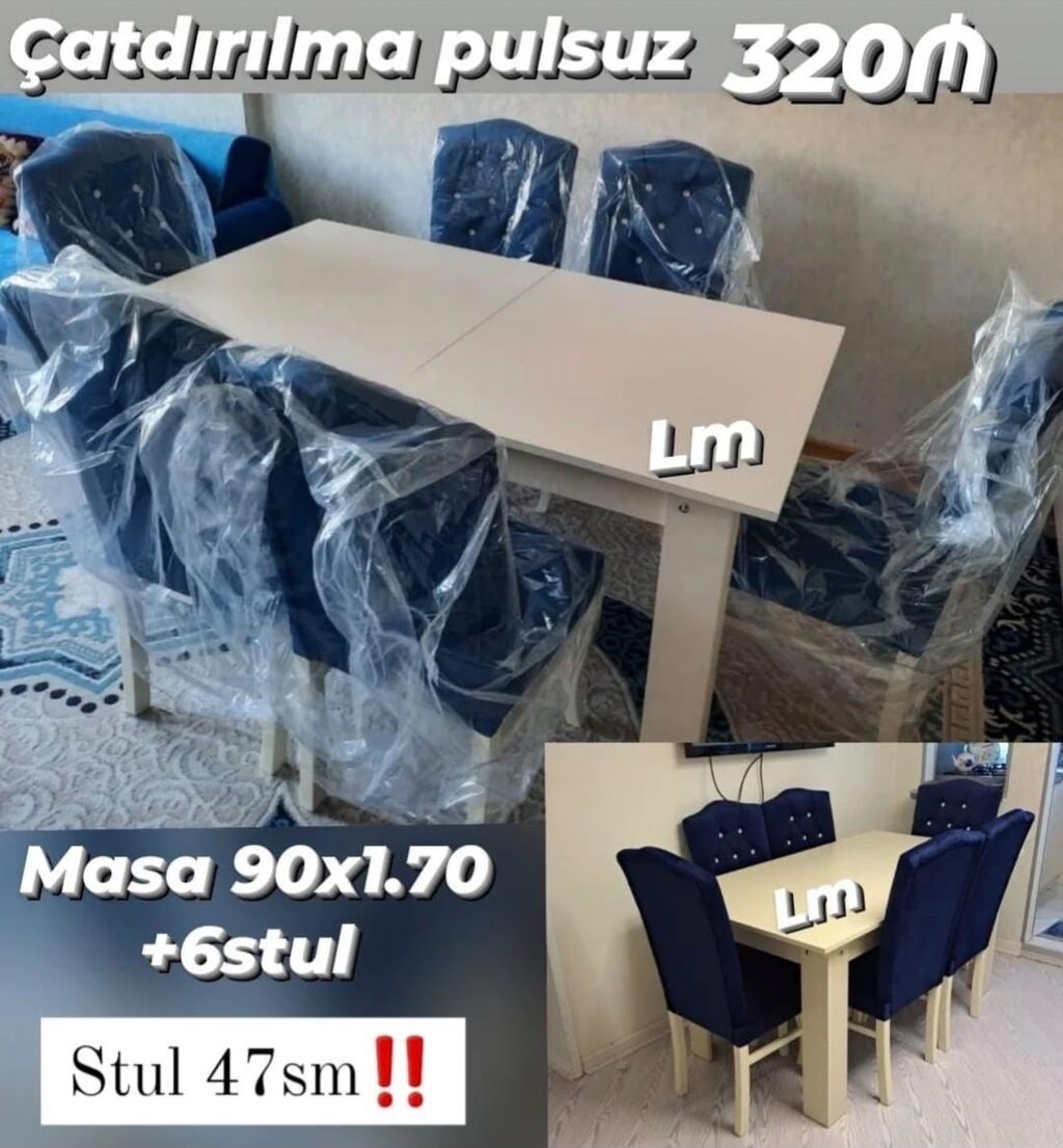 Yemək dəsti – masa və 6 stul - Masa ölçüsü: 90 x 170 sm - Stul sayı — Masalar və stullar, Bakı