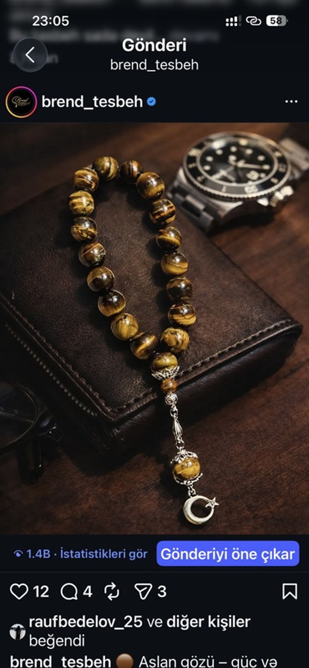 Məhsul: Təbii “Aslan gözü” (Tiger’s Eye) daşından tesbeh - Material — Uca bilərziklər, Bakı (2)
