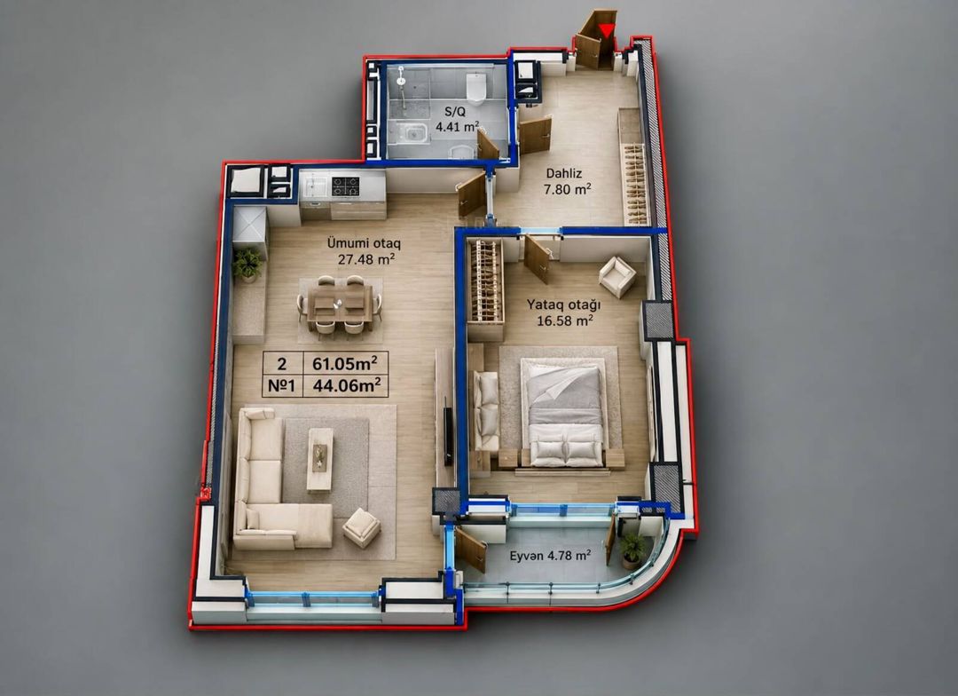 Satılır 2 otaqlı yeni tikili 61 m² — Mənzil, Bakı (2)