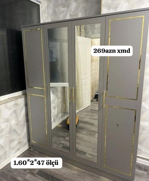 Gri rəngdə, qızılı haşiyəli 4 qapılı şkaf. - Ölçü: 1.60 2 47 sm — Bakı