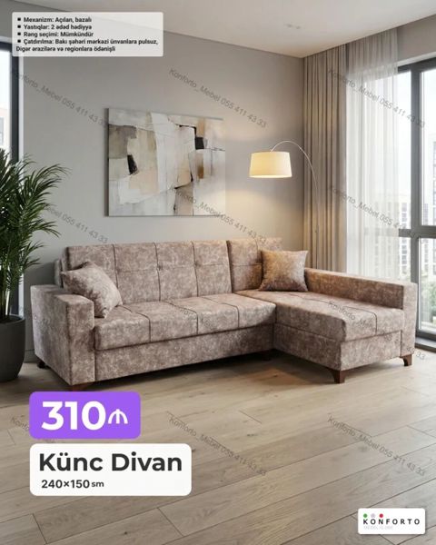 Künc divan – 240×150 sm Mexanizm: açılan, bazalı Yastıqlar: 2 — Bakı
