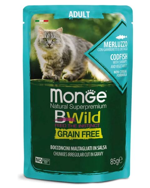 Nəm yem Monge Cat BWild Grain Free Сodfish, yetkin pişiklər üçün treska, krevetka və tərəvəzlər ilə, 85 q — Bakı
