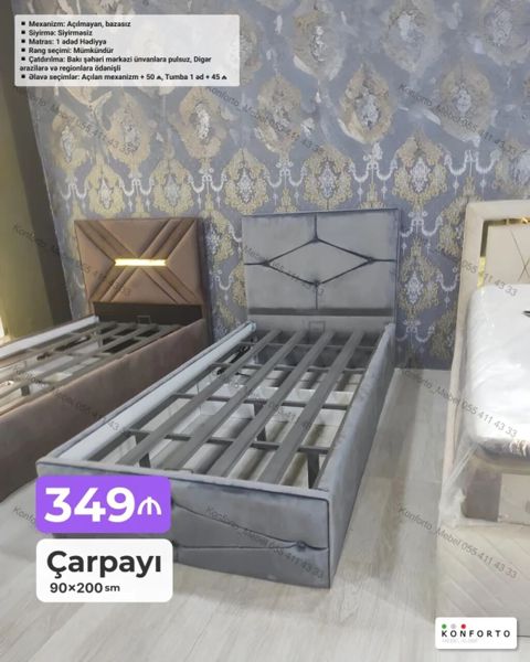 Məhsul: Tək nəfərlik çarpayı Ölçü: 90×200 sm Qiymət: 349 — Bakı