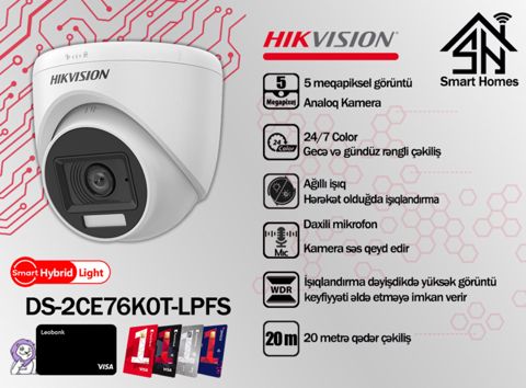 Hikvision 5MP Smart Hybrid Light analoq kamerası DS-2CE76K0T-LPFS — Bakı