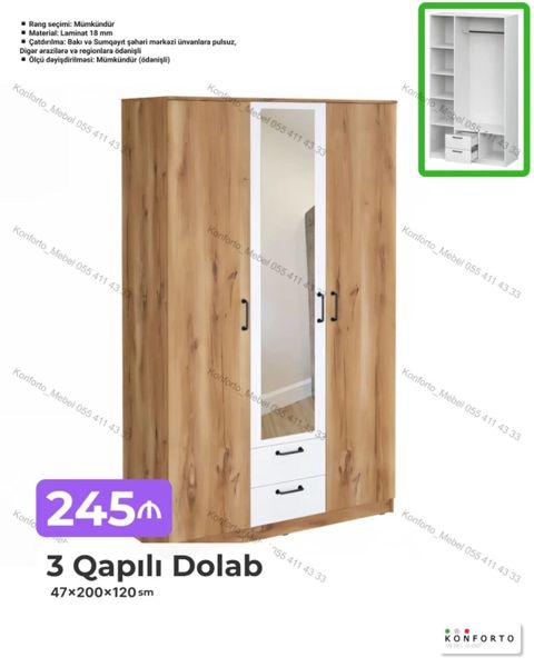 3 qapılı geyim dolabı - Ölçülər: 47 200 120 sm - Material: 18 mm — Bakı