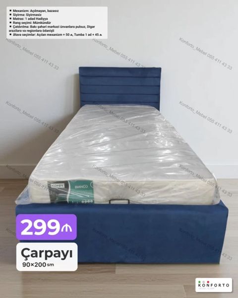 Tək nəfərlik çarpayı – 90×200 sm - Mexanizm: açılmayan, bazasız — Bakı