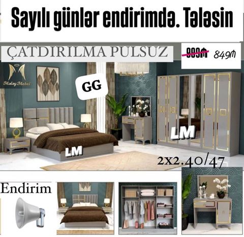 Yataq otağı dəsti – müasir klassik dizayn, boz-qızılı detallarla. Dəst — Bakı