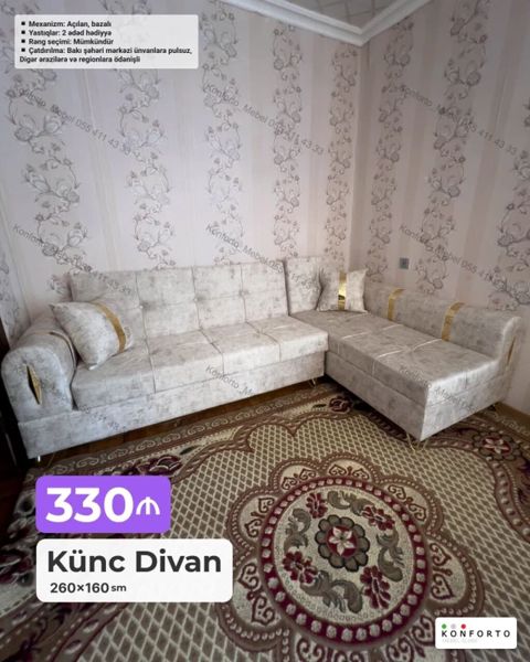 Künc Divan – 260×160 sm - Açılan mexanizm, bazalı - 2 ədəd yastıq — Bakı