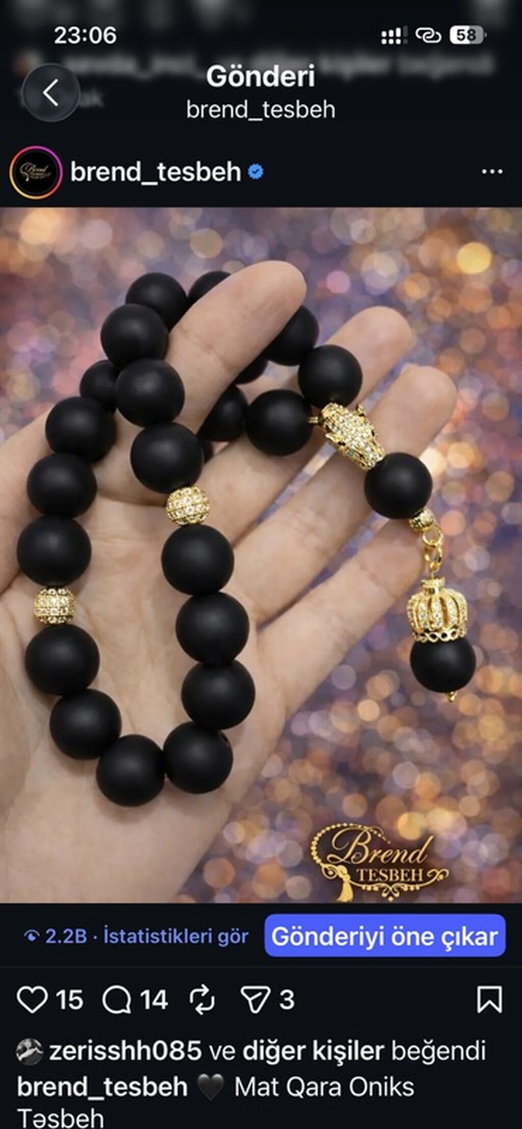 Mat Qara Oniks Təsbeh - Material: təbii oniks daşından hazırlanmış — Uca bilərziklər, Bakı