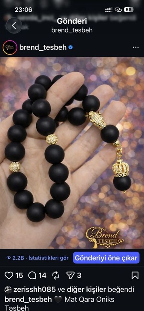Mat Qara Oniks Təsbeh - Material: təbii oniks daşından hazırlanmış — Bakı