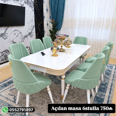 Açılan yemək masası dəsti – 6 stul ilə birlikdə. - Masa: parlaq ağ — Bakı